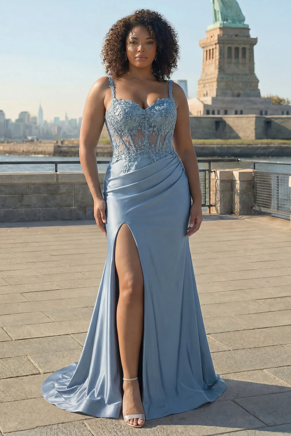 Corset gris-bleu, satin sirène, perlé, robe longue de bal grande taille avec fente
