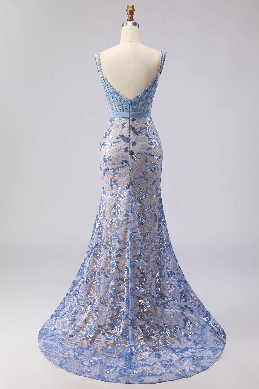 Corset gris sirène, paillettes appliquées, longue robe de bal avec nœud - Image 2