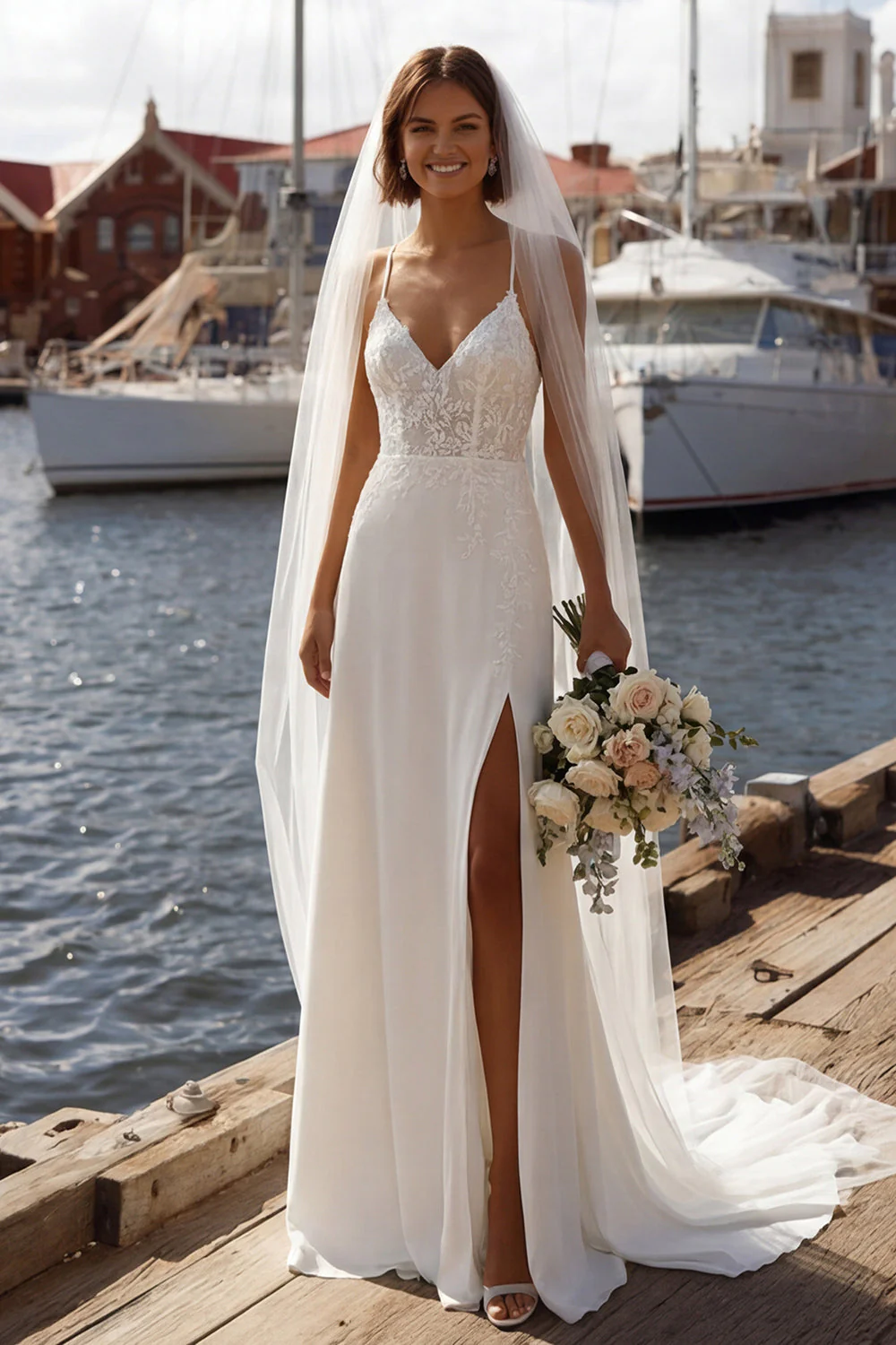 Corset ivoire de sirène robe de mariée à bretelles fines appliquées avec fente