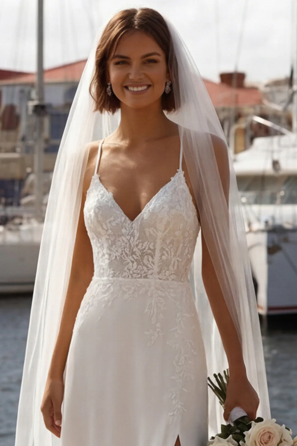 Corset ivoire de sirène robe de mariée à bretelles fines appliquées avec fente - Image 4