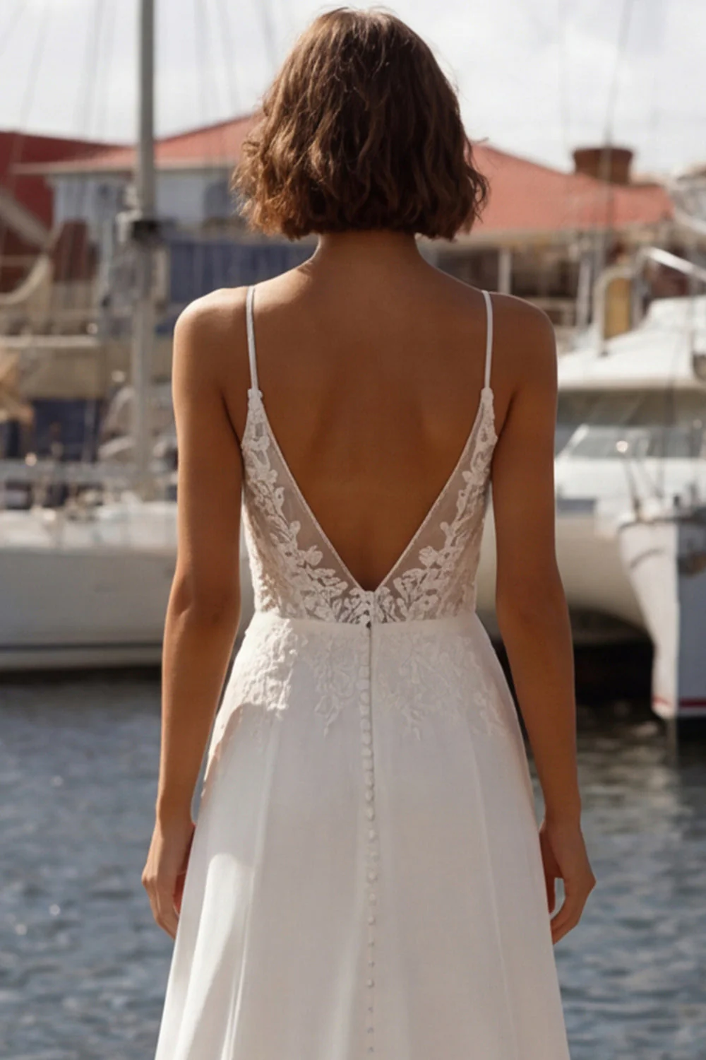 Corset ivoire de sirène robe de mariée à bretelles fines appliquées avec fente - Image 5