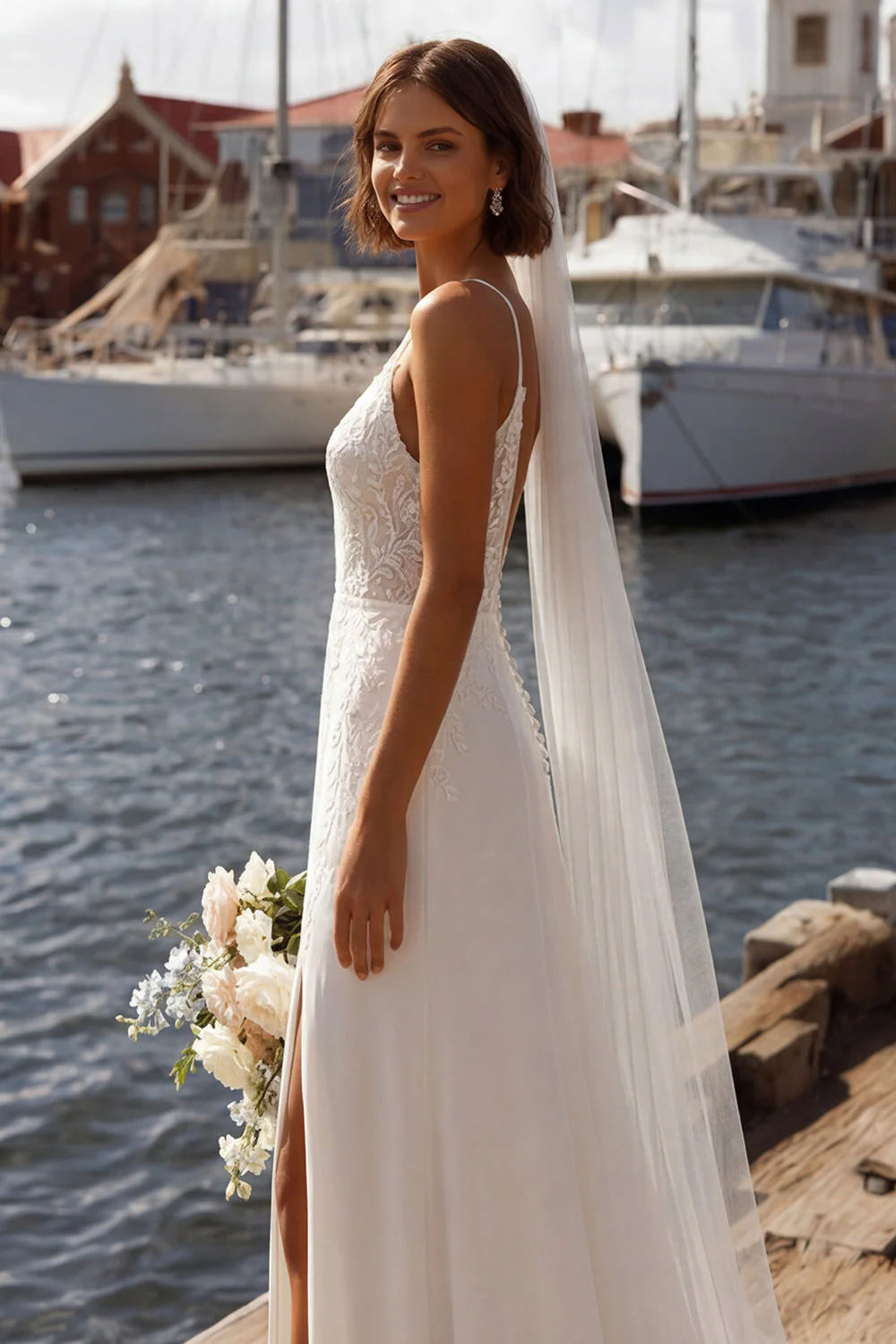 Corset ivoire de sirène robe de mariée à bretelles fines appliquées avec fente - Image 6