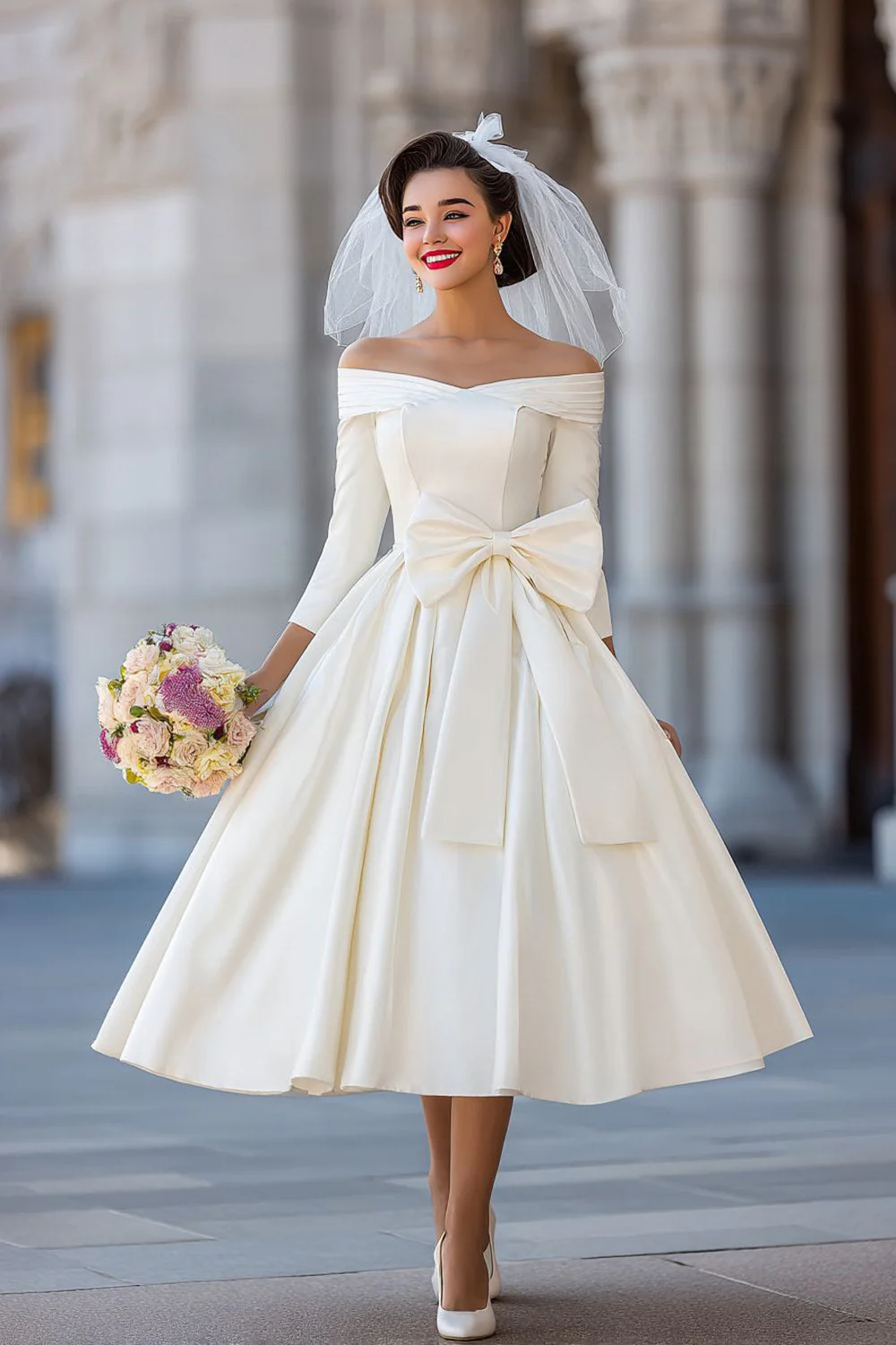 Corset ivoire robe midi décollée avec nœud détachable
