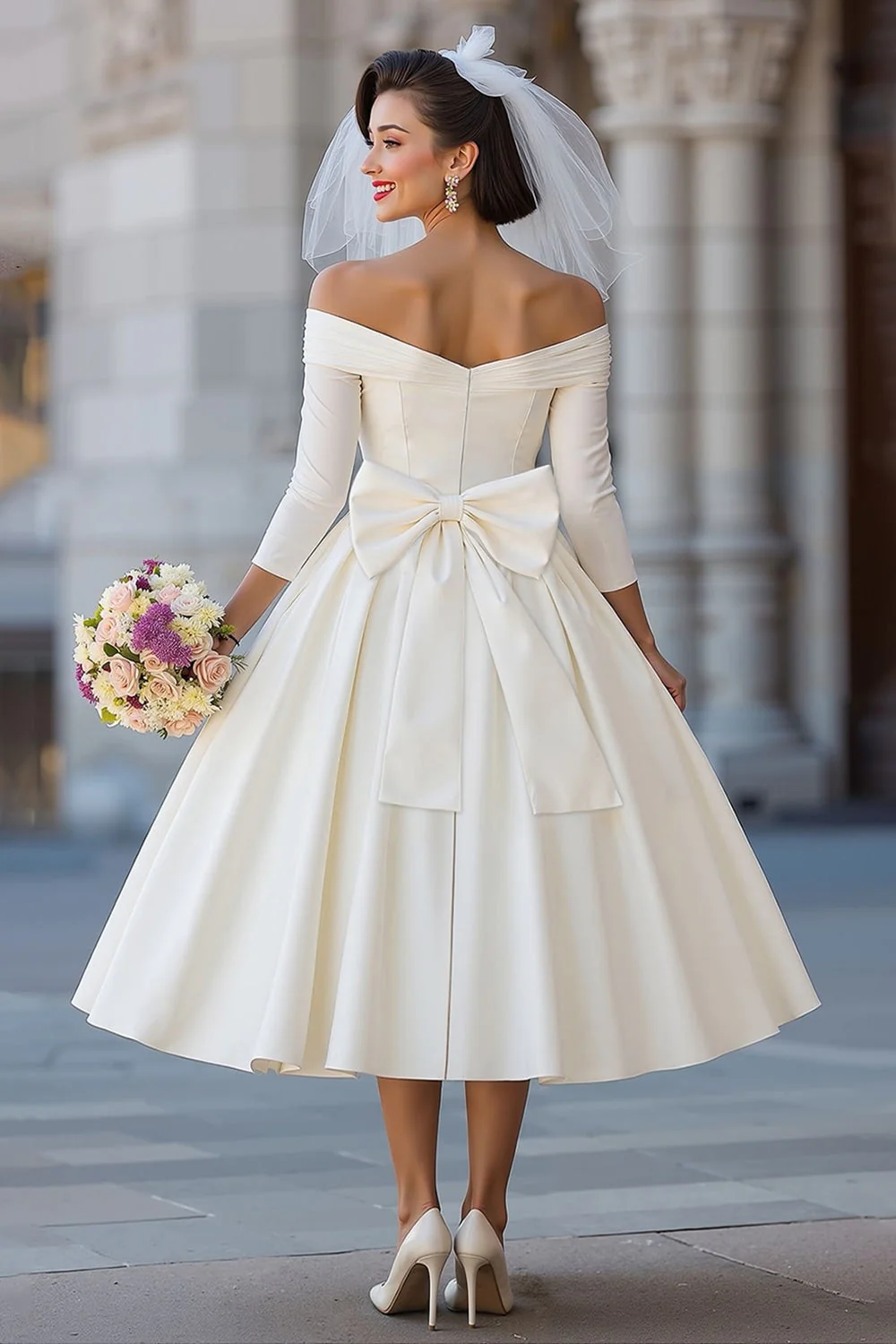 Corset ivoire robe midi décollée avec nœud détachable - Image 2