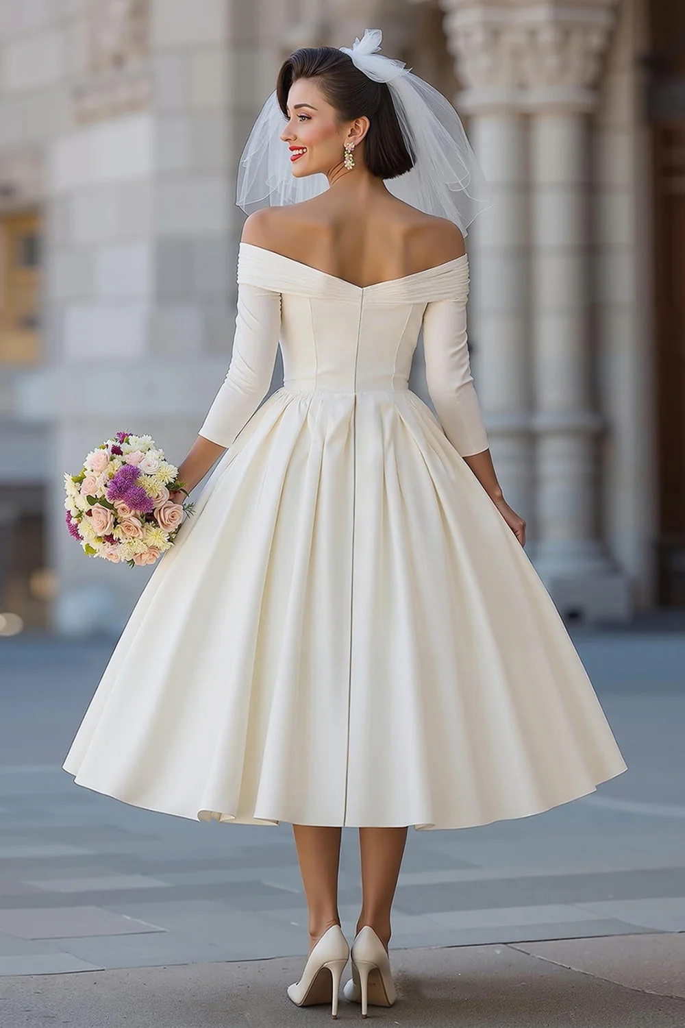 Corset ivoire robe midi décollée avec nœud détachable - Image 4