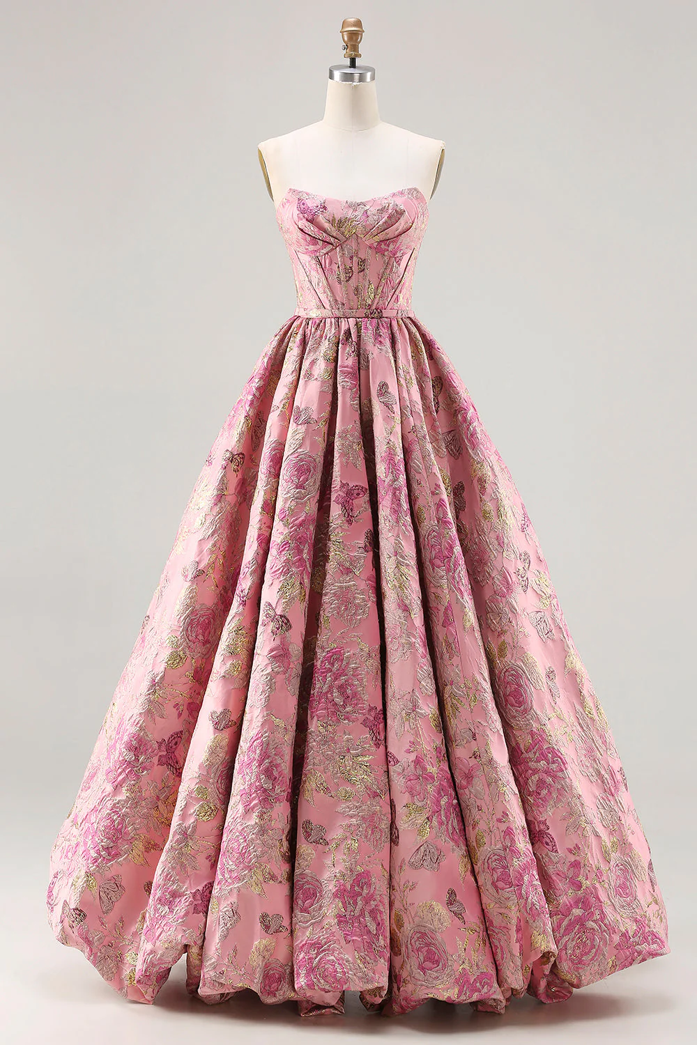 Robe de bal princesse longue en jacquard rose bustier sans bretelles brodée de fleurs et dos lacé