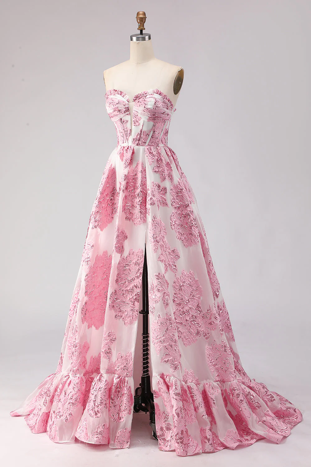 Corset Jacquard rose Strapless A Line Longue robe de bal avec fente - Image 3
