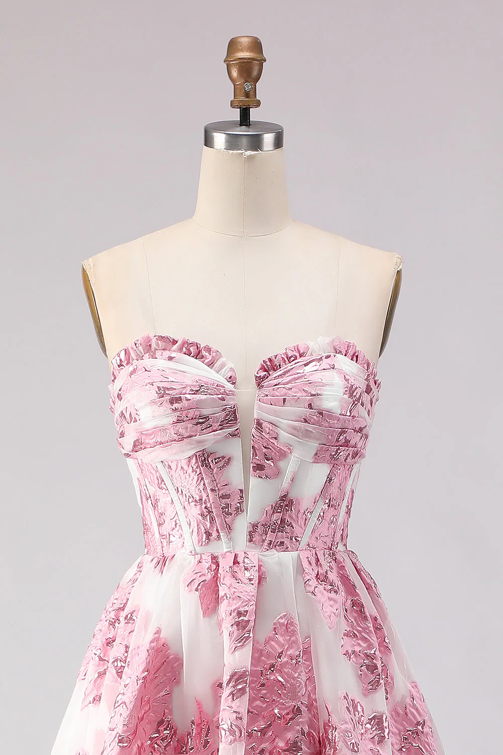 Corset Jacquard rose Strapless A Line Longue robe de bal avec fente - Image 4