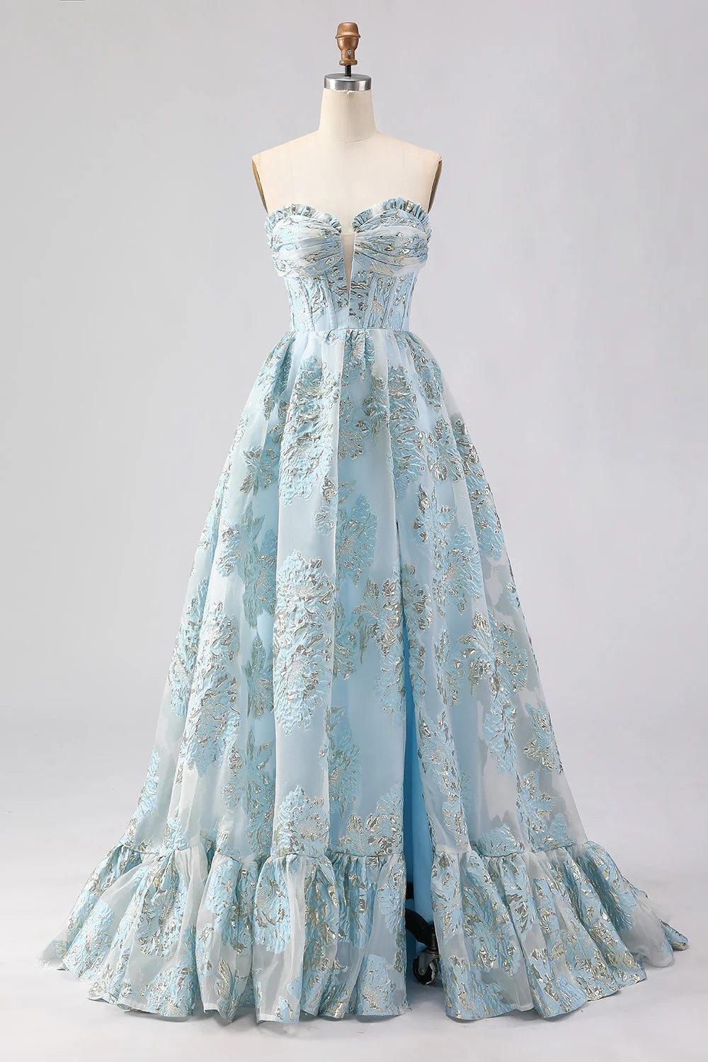 Corset Jacquard rose Strapless A Line Longue robe de bal avec fente - Image 7