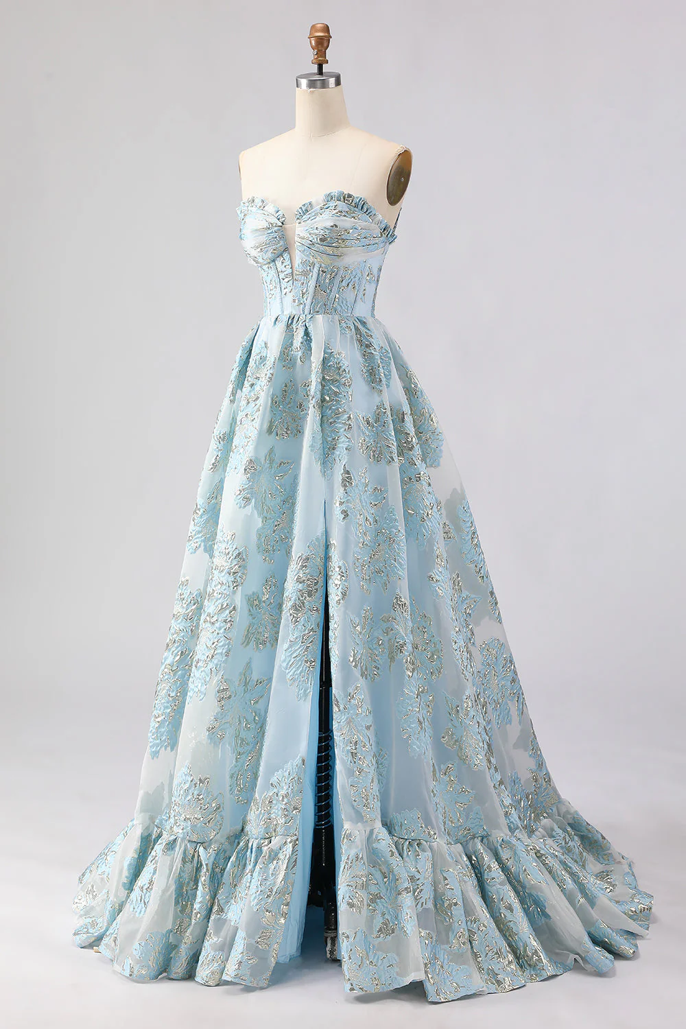 Corset Jacquard rose Strapless A Line Longue robe de bal avec fente - Image 9