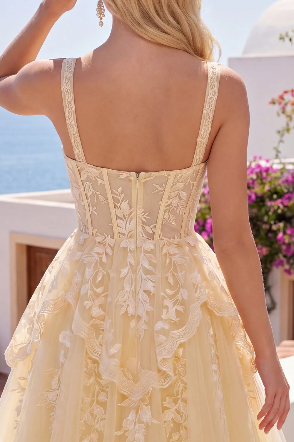 Corset jaune beurre à col en V Ligne A-ligne robe florale de retour à la maison - Image 6
