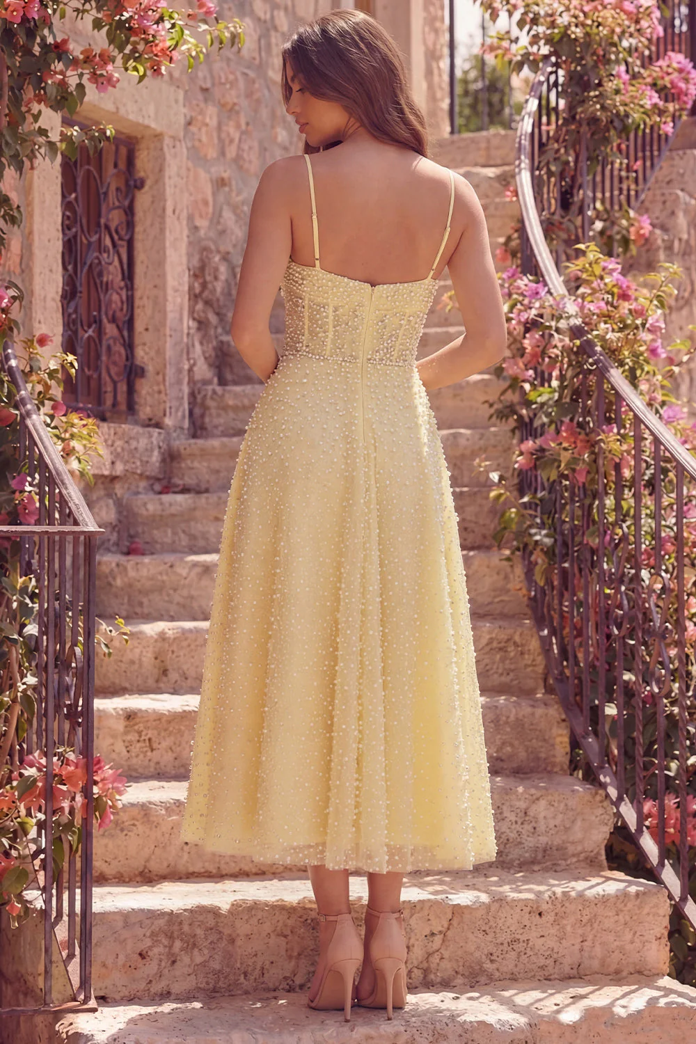 Corset jaune ligne A, robe de bal midi à bretelles fines avec perles - Image 2
