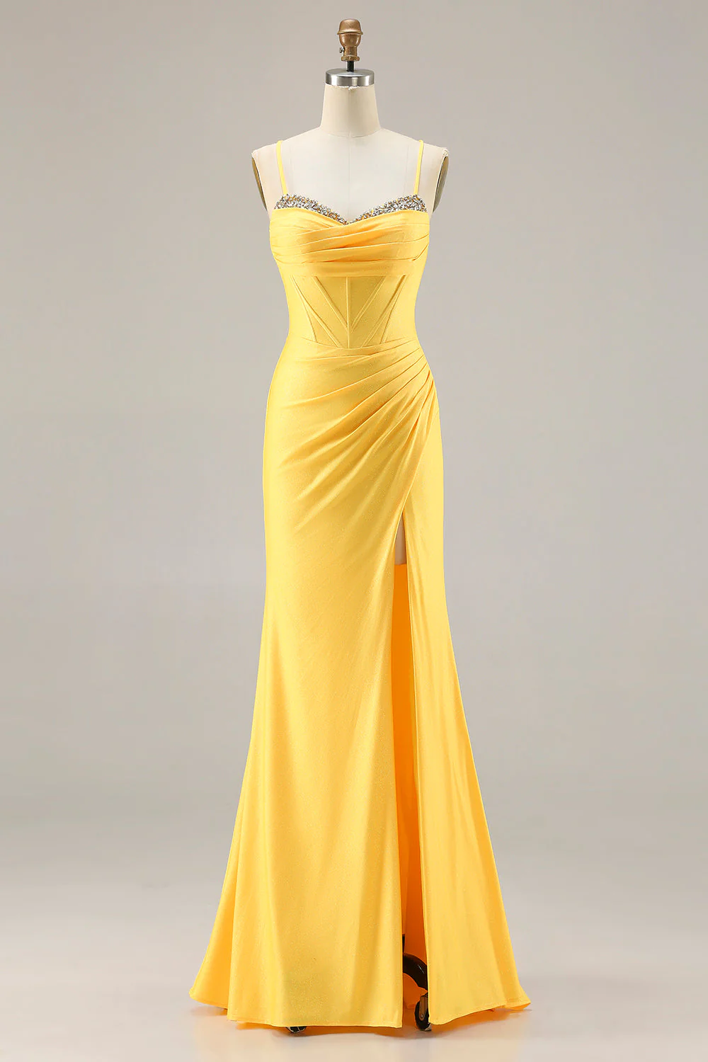 Corset jaune perlé à paillettes, corset perlé en dentelle dans le dos, longue robe de bal avec fente