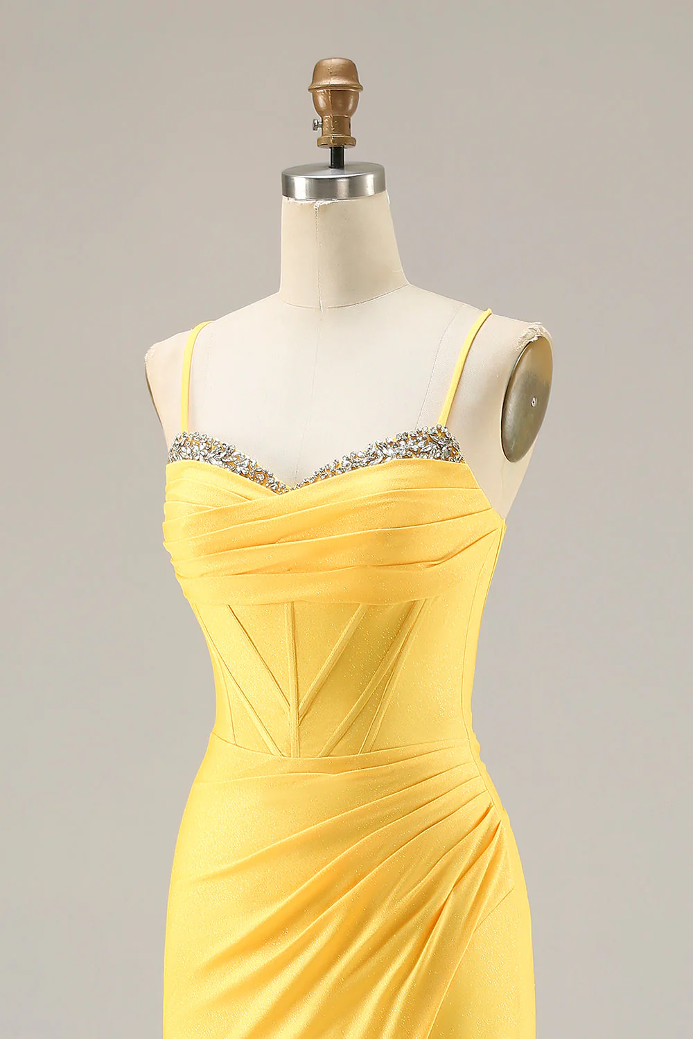 Corset jaune perlé à paillettes, corset perlé en dentelle dans le dos, longue robe de bal avec fente - Image 6