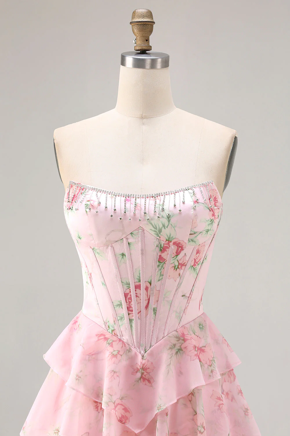Corset jaune sans bretelles ligne A, corsage floral long robe de bal avec jupe en mousseline à volants - Image 10
