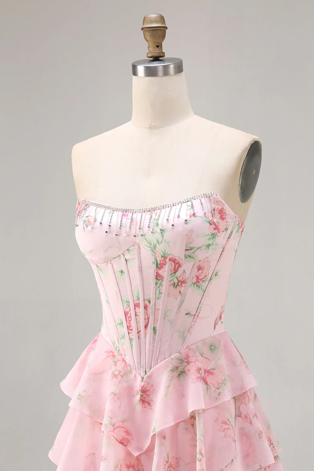 Corset jaune sans bretelles ligne A, corsage floral long robe de bal avec jupe en mousseline à volants - Image 12