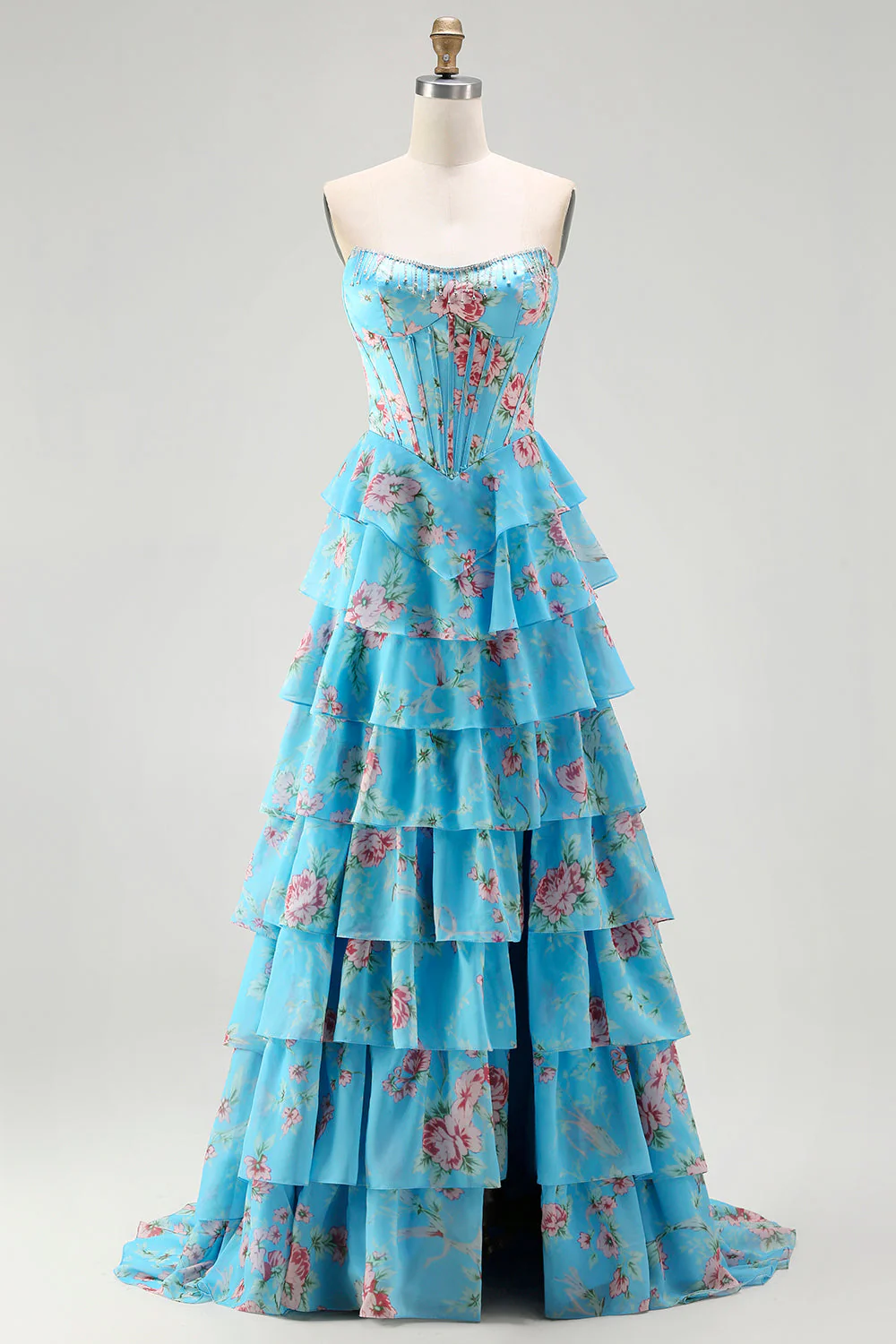 Corset jaune sans bretelles ligne A, corsage floral long robe de bal avec jupe en mousseline à volants - Image 13