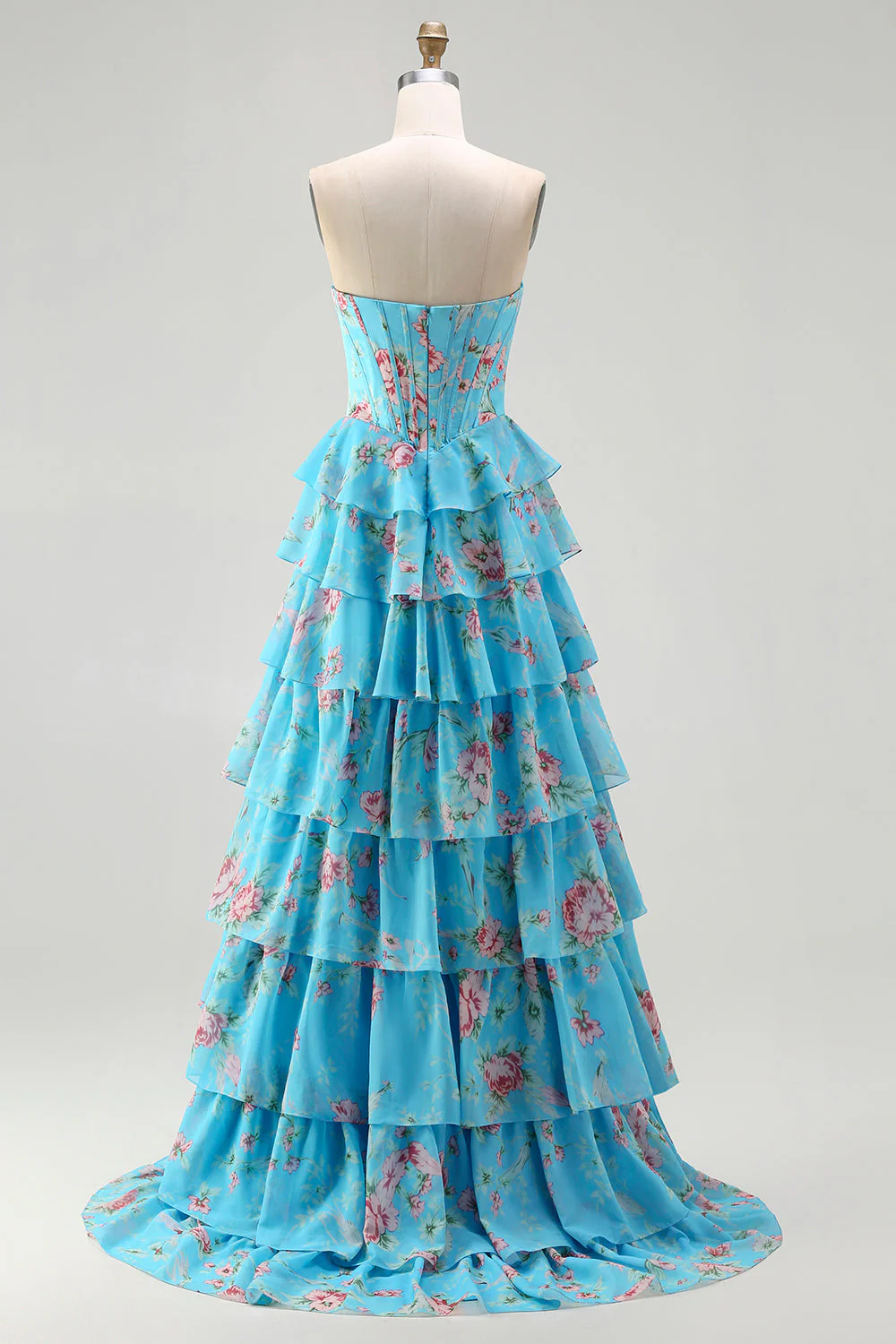 Corset jaune sans bretelles ligne A, corsage floral long robe de bal avec jupe en mousseline à volants - Image 14