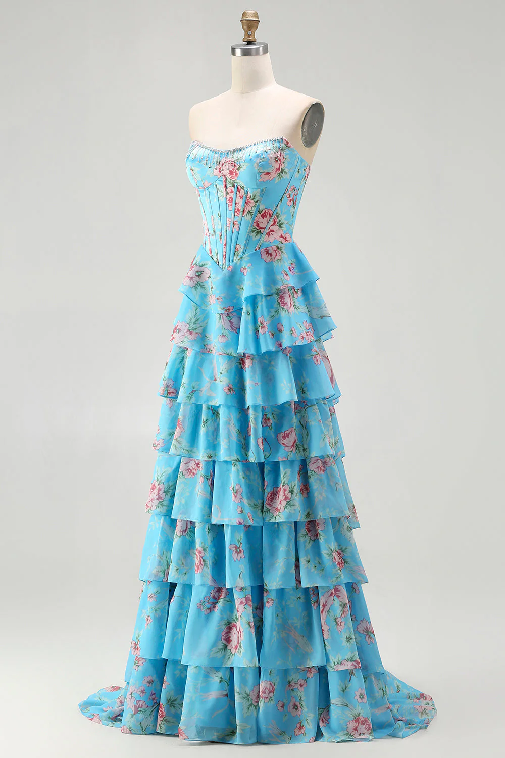Corset jaune sans bretelles ligne A, corsage floral long robe de bal avec jupe en mousseline à volants - Image 15