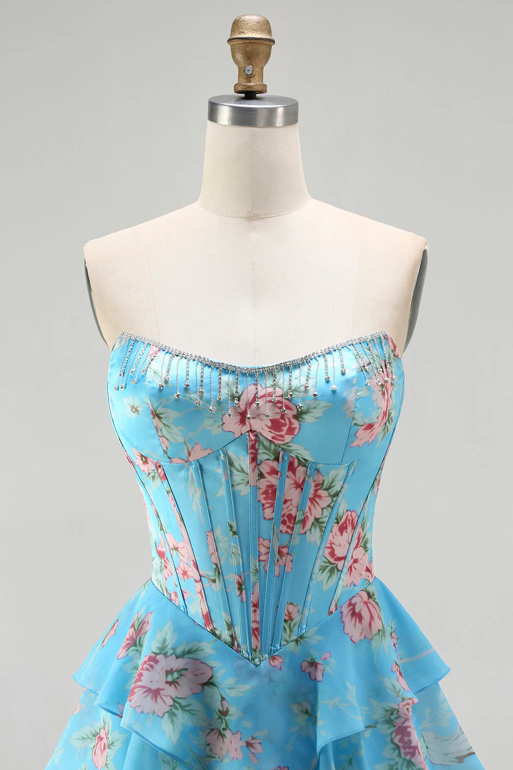 Corset jaune sans bretelles ligne A, corsage floral long robe de bal avec jupe en mousseline à volants - Image 16