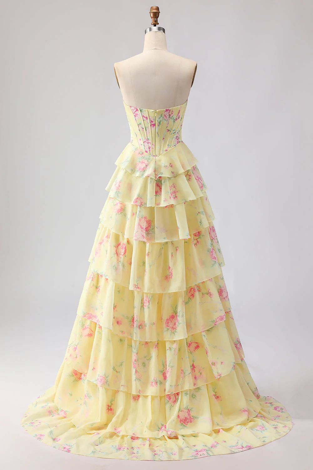 Corset jaune sans bretelles ligne A, corsage floral long robe de bal avec jupe en mousseline à volants - Image 2