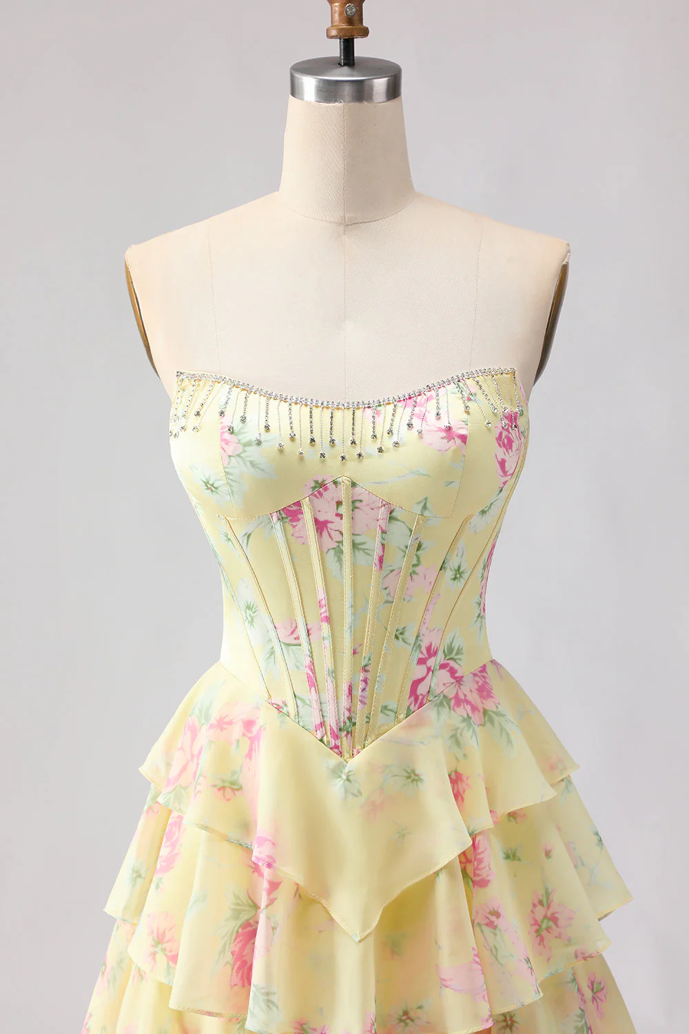Corset jaune sans bretelles ligne A, corsage floral long robe de bal avec jupe en mousseline à volants - Image 4