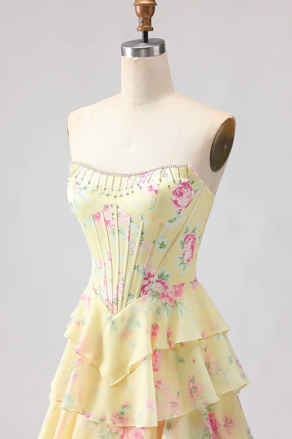 Corset jaune sans bretelles ligne A, corsage floral long robe de bal avec jupe en mousseline à volants - Image 5