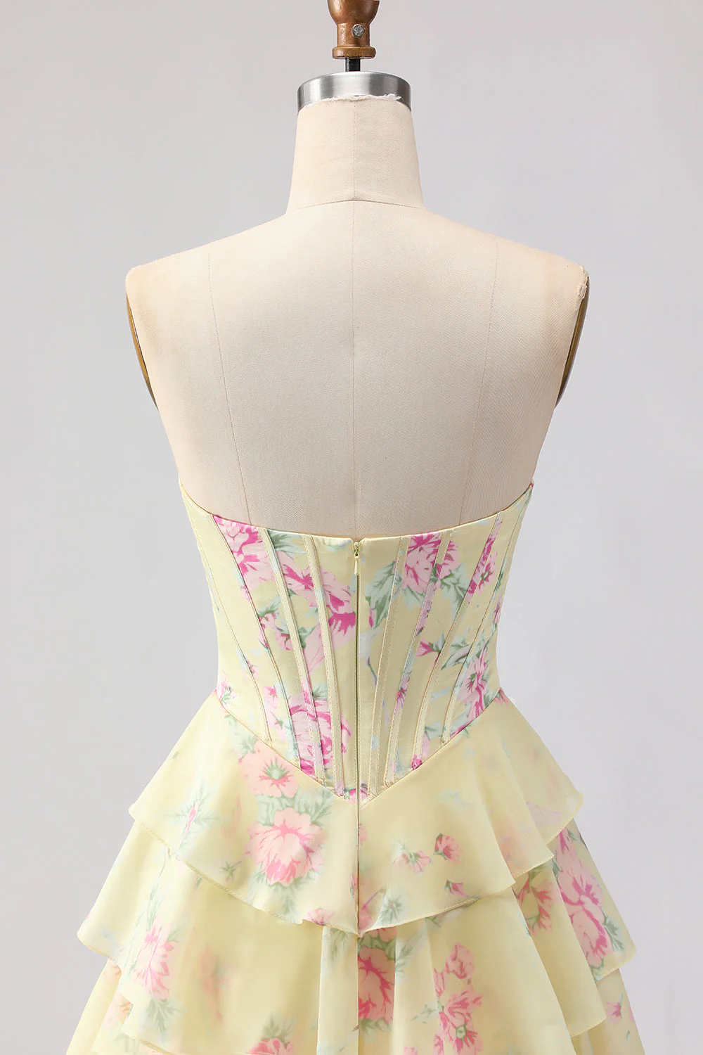 Corset jaune sans bretelles ligne A, corsage floral long robe de bal avec jupe en mousseline à volants - Image 6