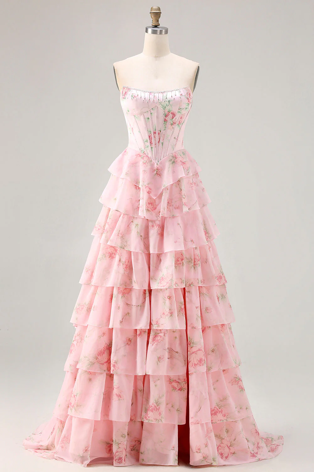 Corset jaune sans bretelles ligne A, corsage floral long robe de bal avec jupe en mousseline à volants - Image 7