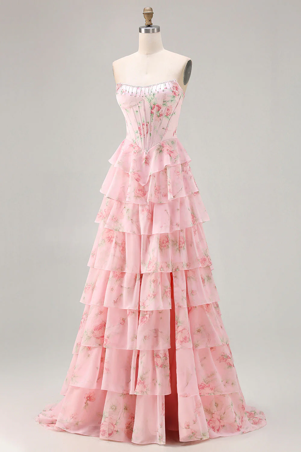 Corset jaune sans bretelles ligne A, corsage floral long robe de bal avec jupe en mousseline à volants - Image 9
