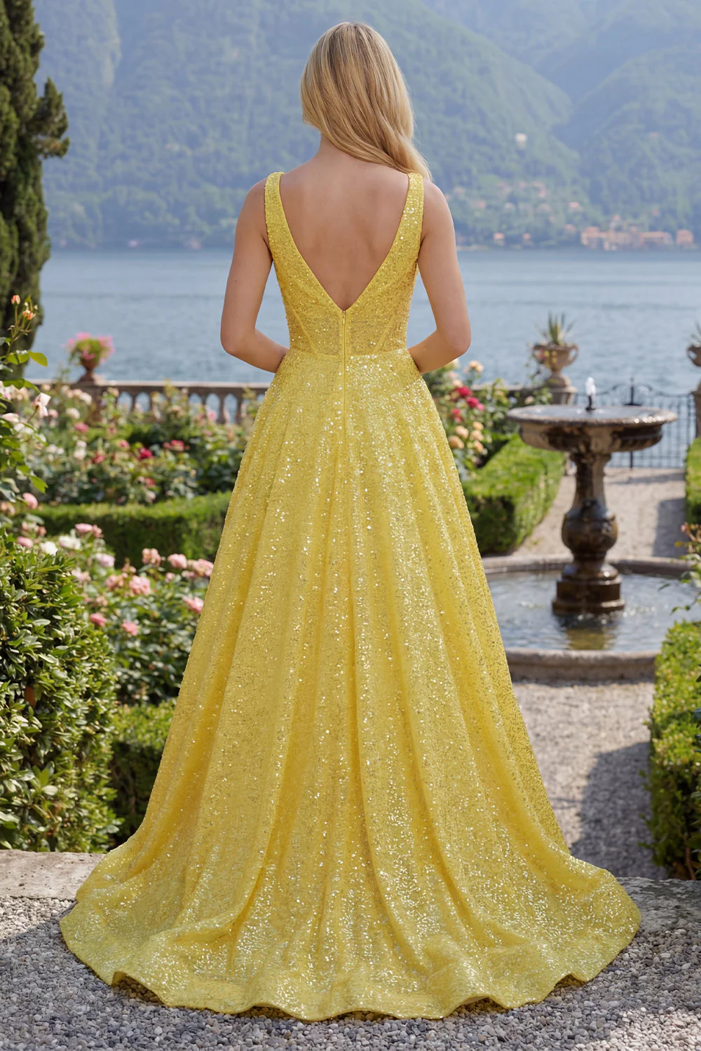 Corset jaune scintillant ligne A à col en V, paillettes Longue robe de bal avec poches - Image 2