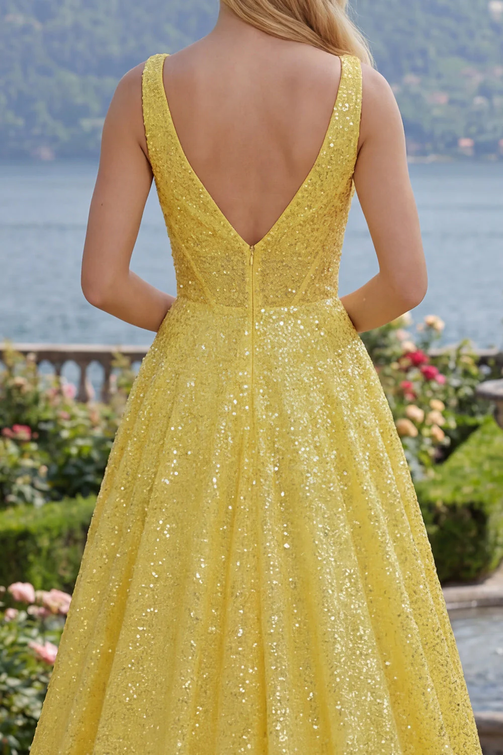 Corset jaune scintillant ligne A à col en V, paillettes Longue robe de bal avec poches - Image 4