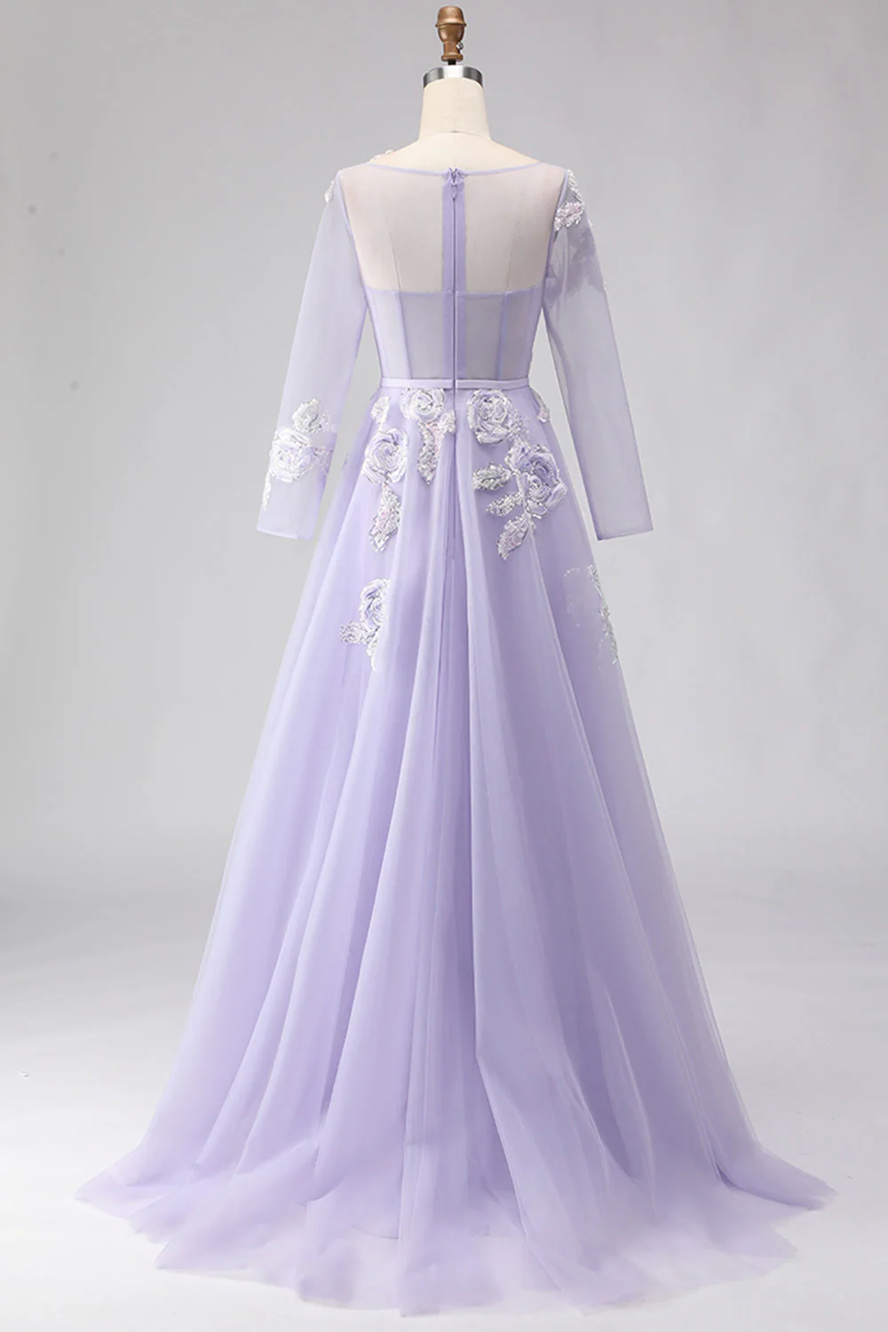 Robe de soirée longue lilas coupe A en tulle appliqué avec corsage et manches longues - Image 2