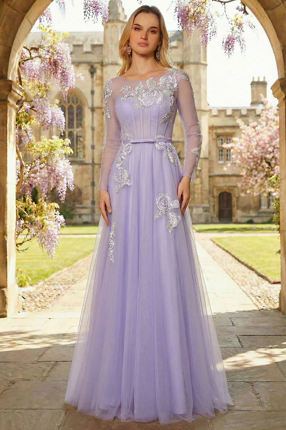 Corset Lilas A Line Sequins, Tulle Longue robe de bal à manches longues