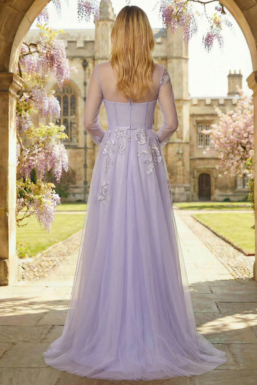 Corset Lilas A Line Sequins, Tulle Longue robe de bal à manches longues - Image 2