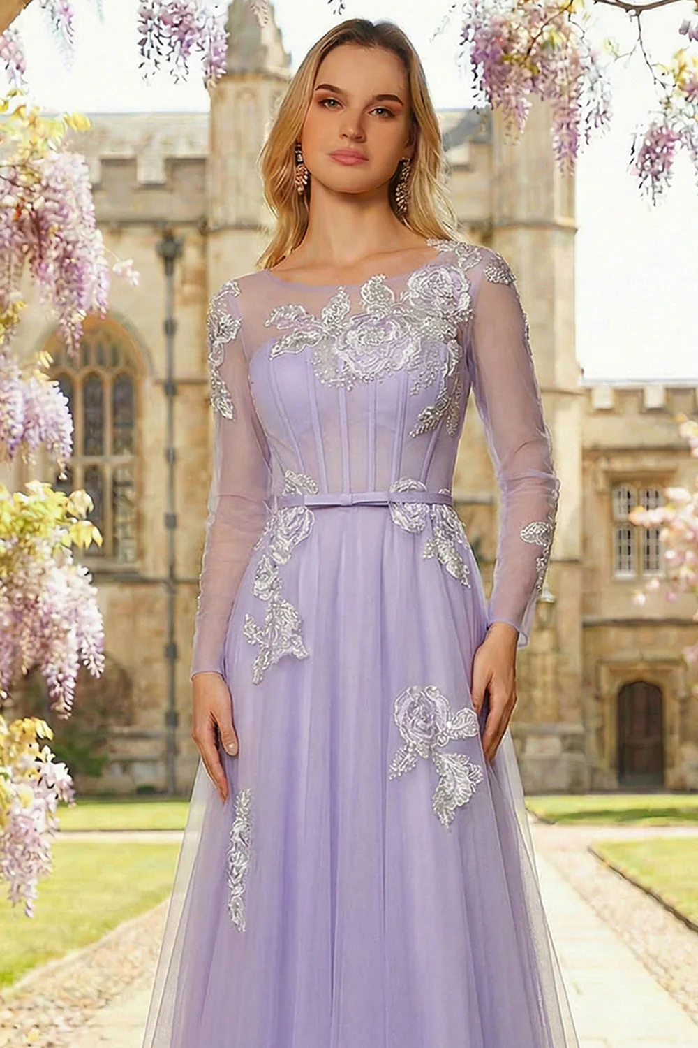 Corset Lilas A Line Sequins, Tulle Longue robe de bal à manches longues - Image 3