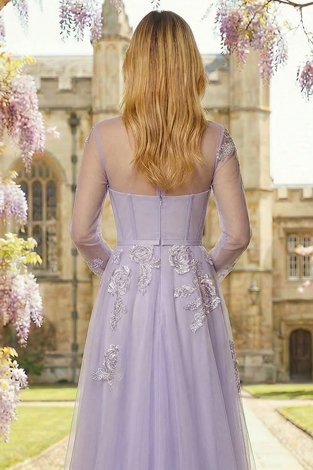 Corset Lilas A Line Sequins, Tulle Longue robe de bal à manches longues - Image 4