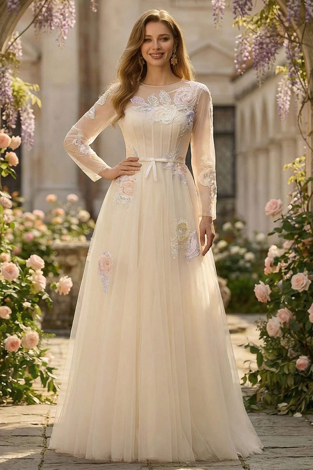 Corset Lilas A Line Sequins, Tulle Longue robe de bal à manches longues - Image 6