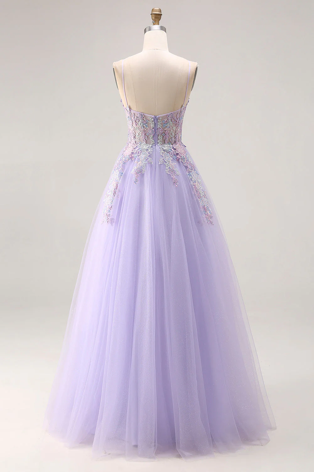 Corset lilas appliqué en tulle à bretelles fines Une robe de bal longue ligne avec fente - Image 2