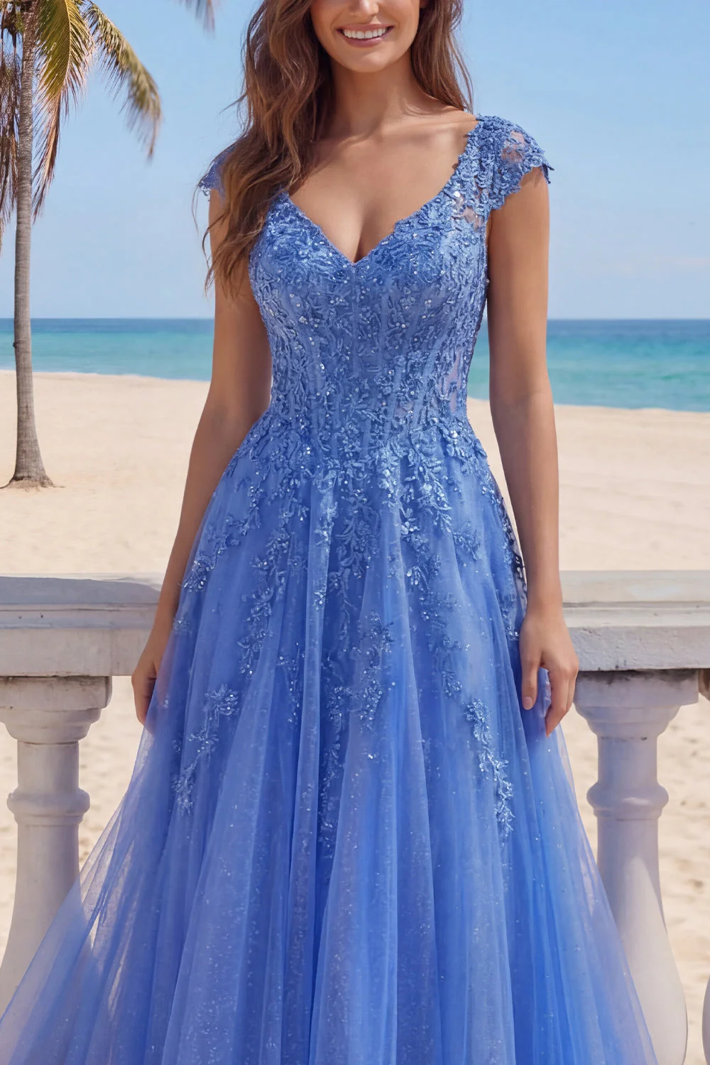 Corset long de bal à col en V bleu foncé en ligne A avec des appliques - Image 3