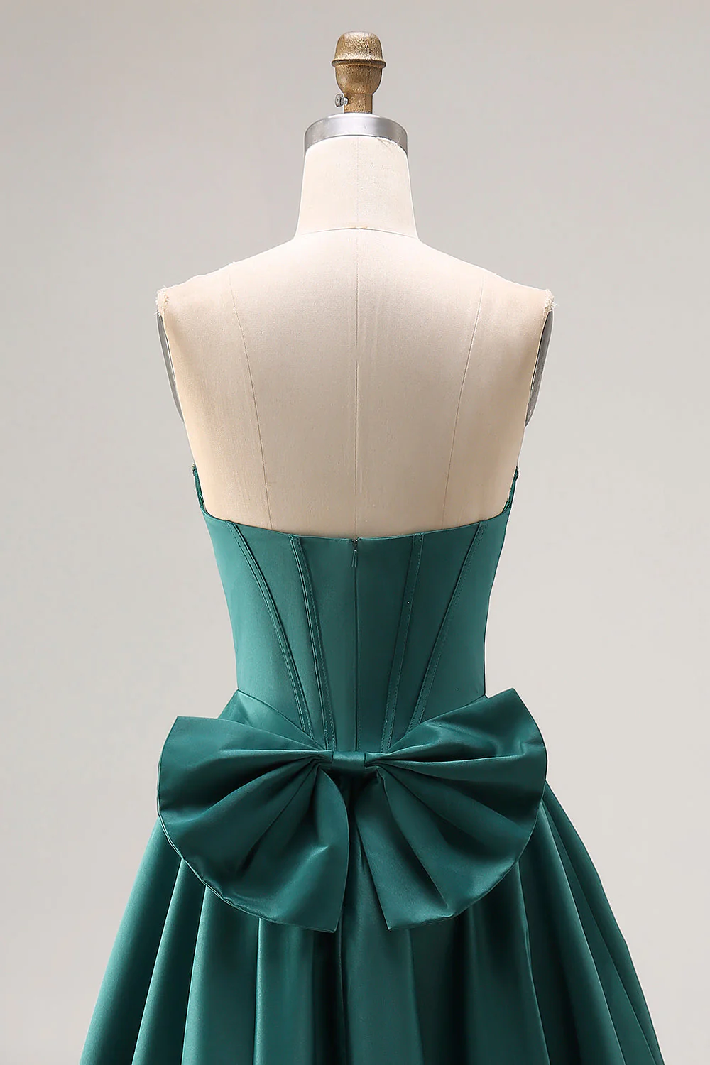 Corset longue longue-forme perlée en satin vert foncé en ligne A avec un nœud - Image 5