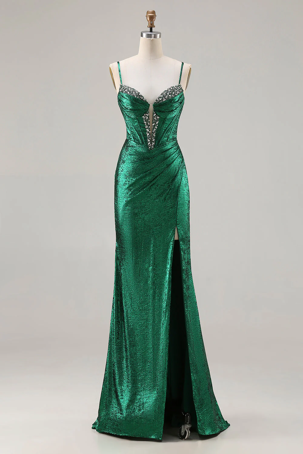 Corset métallique vert foncé perlé de perles avec une longue robe de bal de promo avec fente