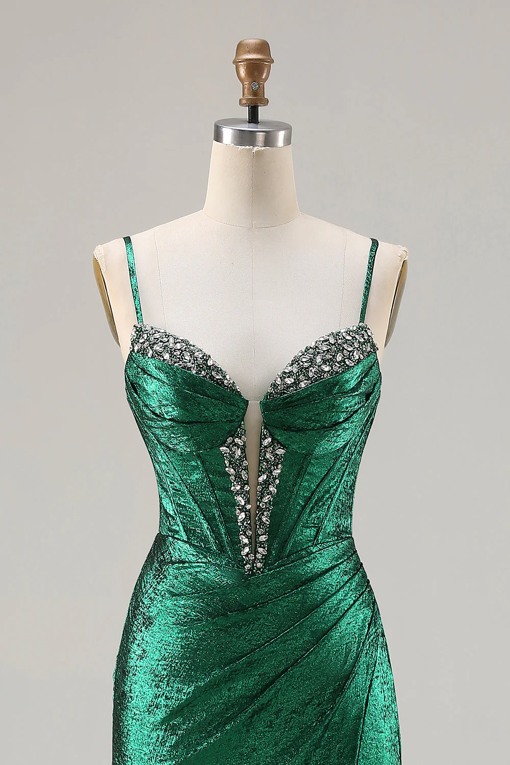 Corset métallique vert foncé perlé de perles avec une longue robe de bal de promo avec fente - Image 4