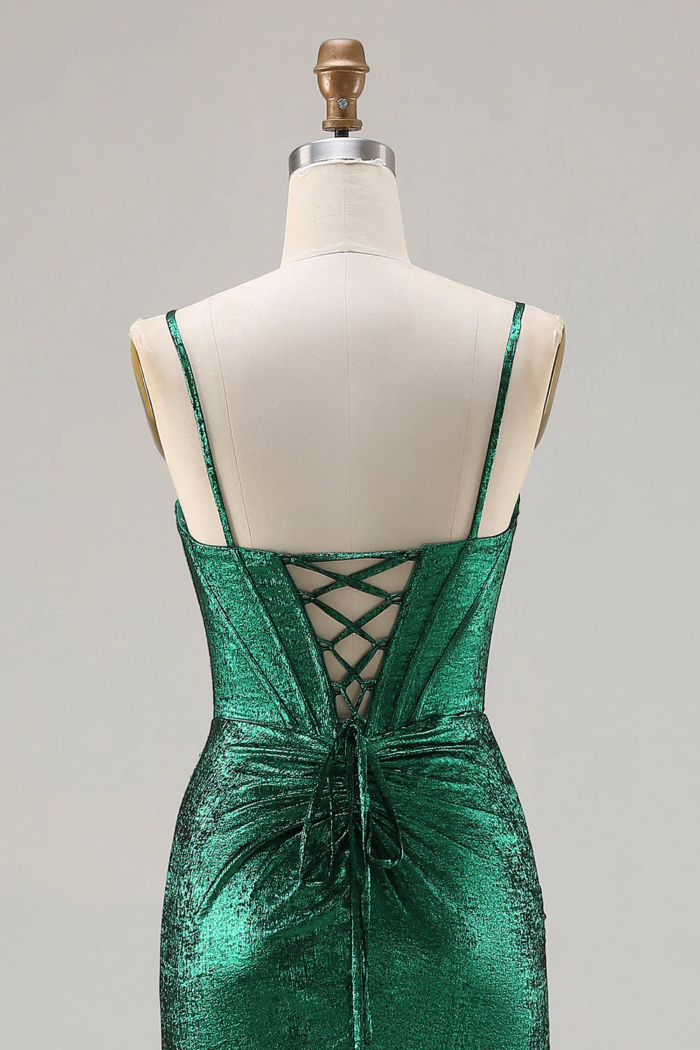 Corset métallique vert foncé perlé de perles avec une longue robe de bal de promo avec fente - Image 5