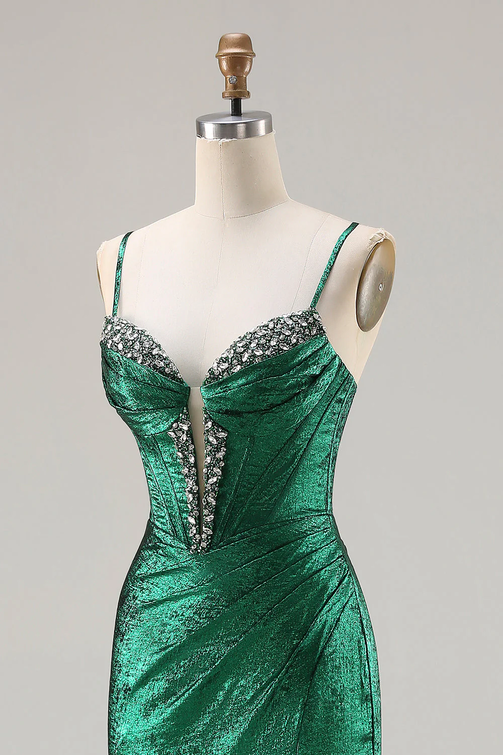 Corset métallique vert foncé perlé de perles avec une longue robe de bal de promo avec fente - Image 6