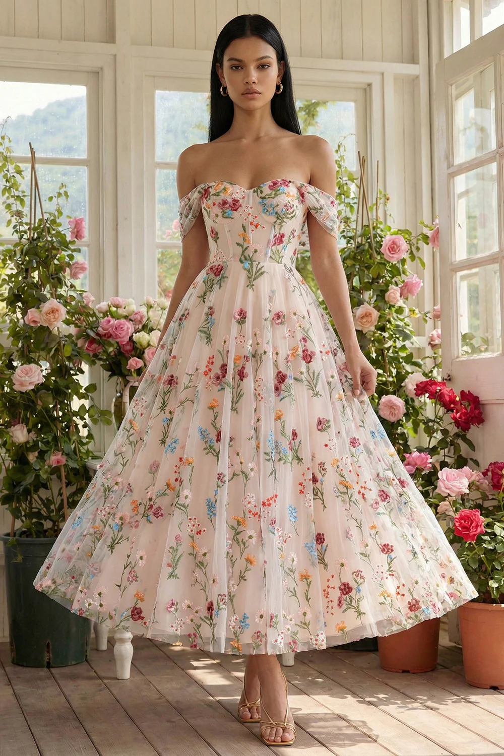 Robe d'invitée de mariage midi noire tulle ligne A bustier floral épaules dénudées appliqué - Image 5
