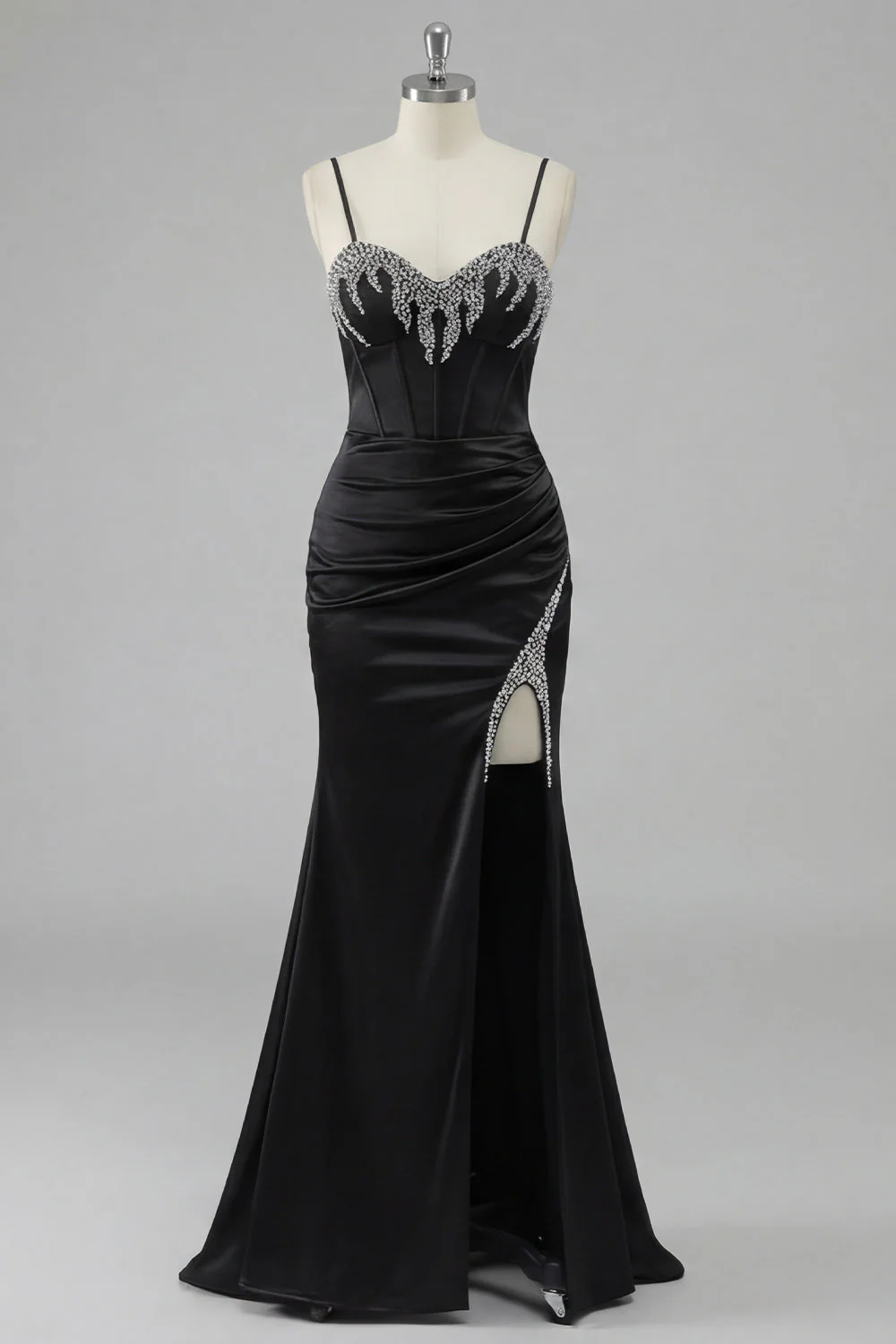 Corset noir perlé, dentelle de sirène dans le dos, longue robe de bal avec fente - Image 5