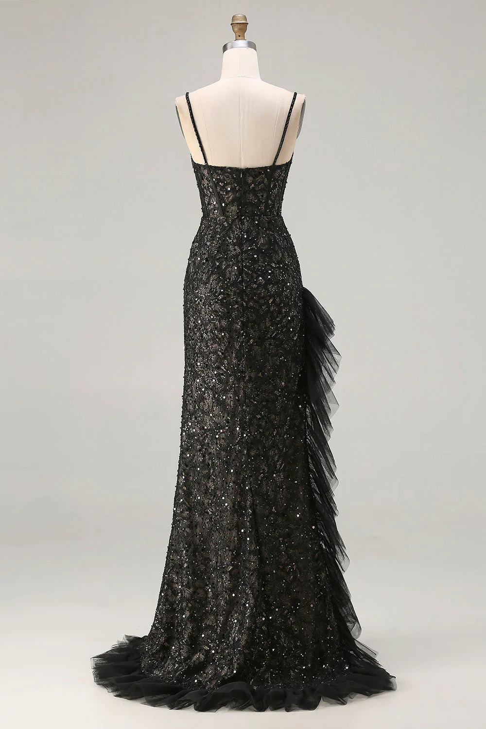 Corset noir scintillant perlé, paillettes à volants, longue robe de bal avec fente - Image 2