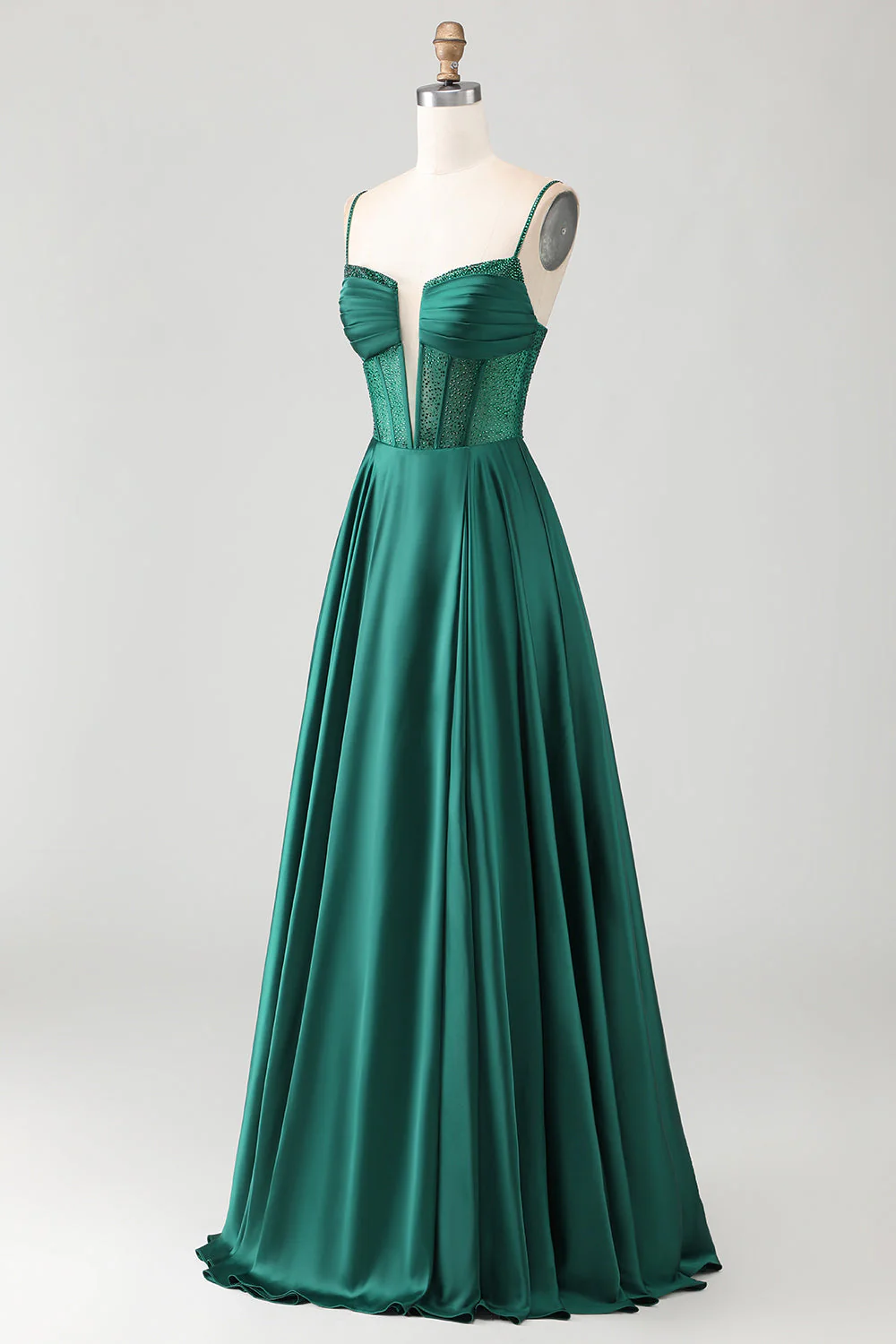 Corset perlé à perles vert foncé, longue robe de bal en satin fronce, avec dentelle dans le dos - Image 3