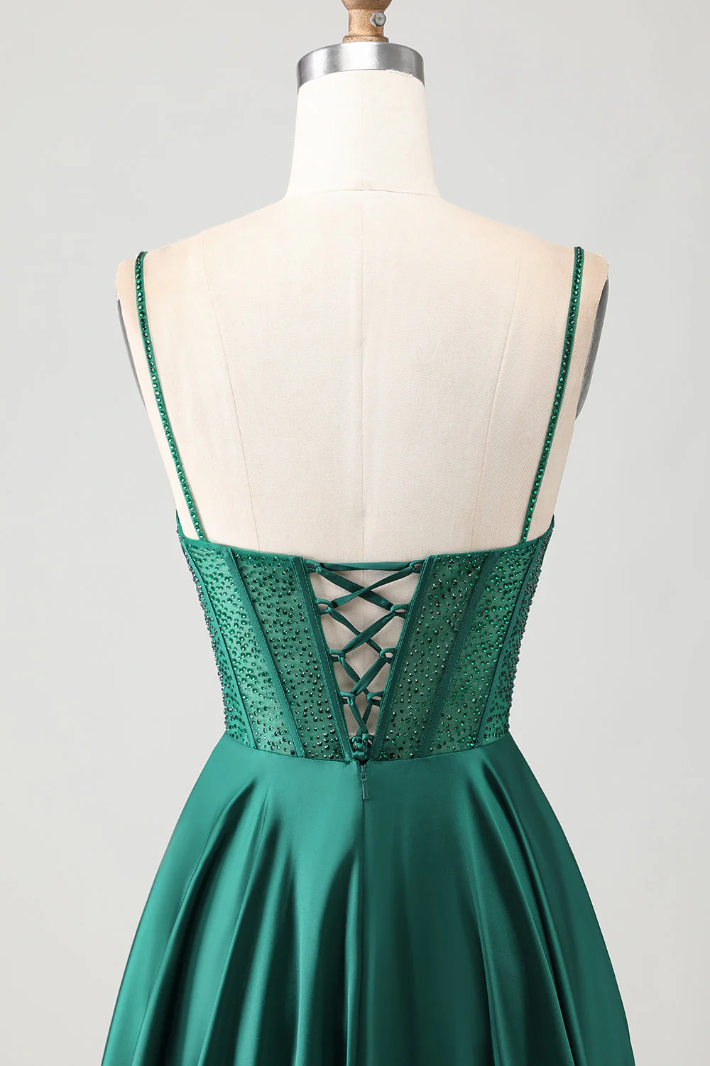 Corset perlé à perles vert foncé, longue robe de bal en satin fronce, avec dentelle dans le dos - Image 5